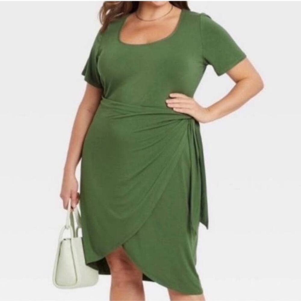 Ava & Viv Green Faux Wrap Short Sleeve Tee Shirt Dress Size 1X